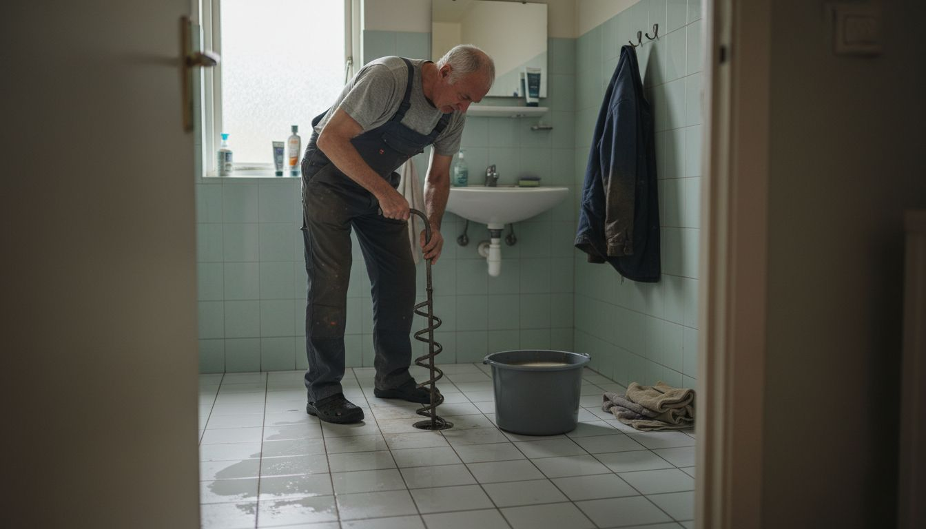 De loodgieter is bezig met het ontstoppen van de douche.