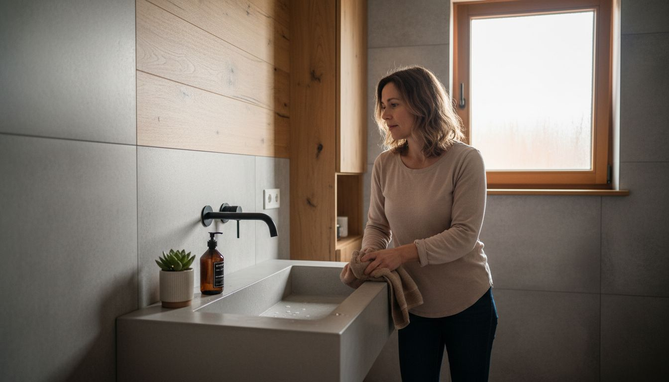 Een eigentijdse badkamer met duurzame materialen en sfeervolle groene accenten.