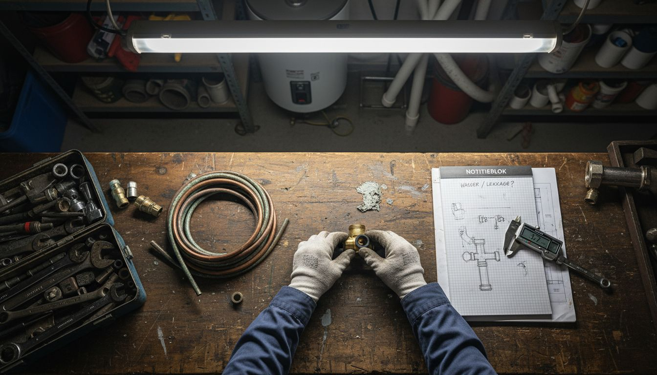 Werkbank vol met allerlei loodgietersgereedschap en materialen