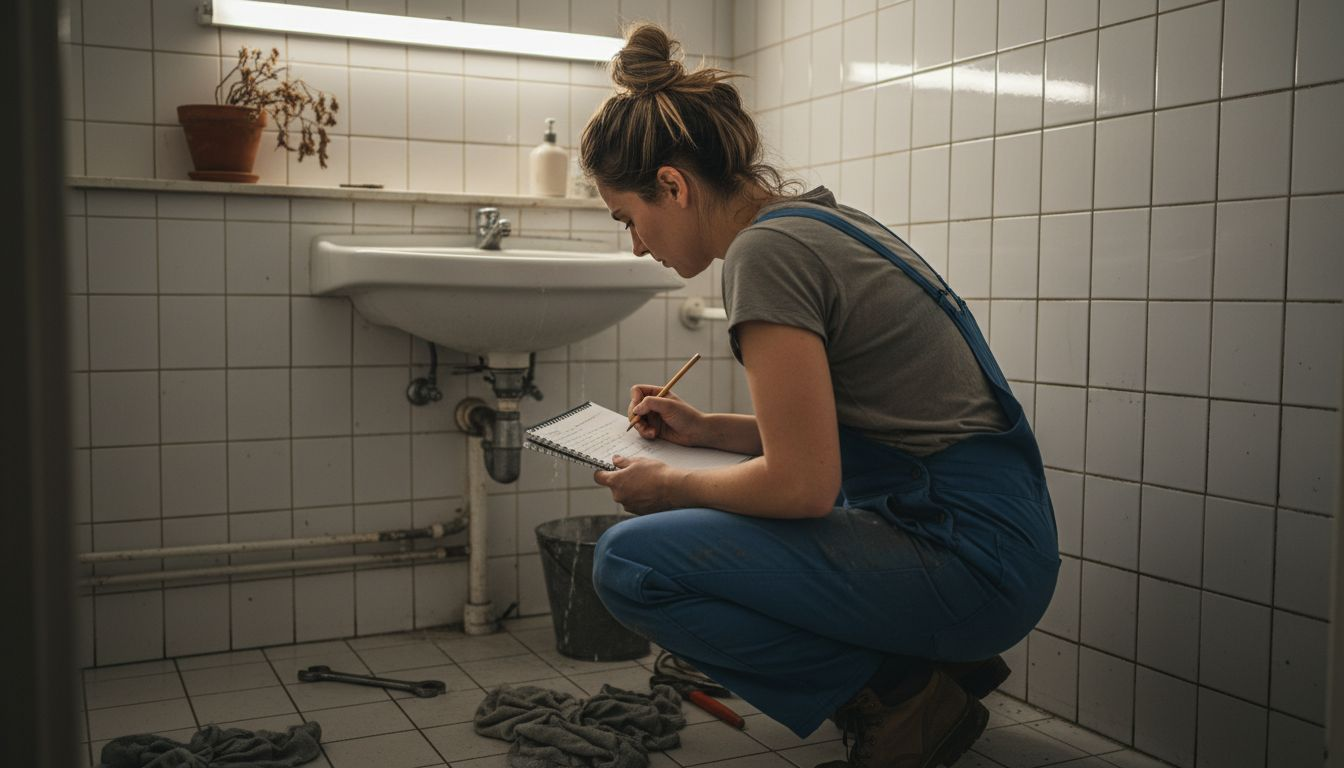 De loodgieter bekijkt de leiding zorgvuldig en noteert zijn bevindingen.
