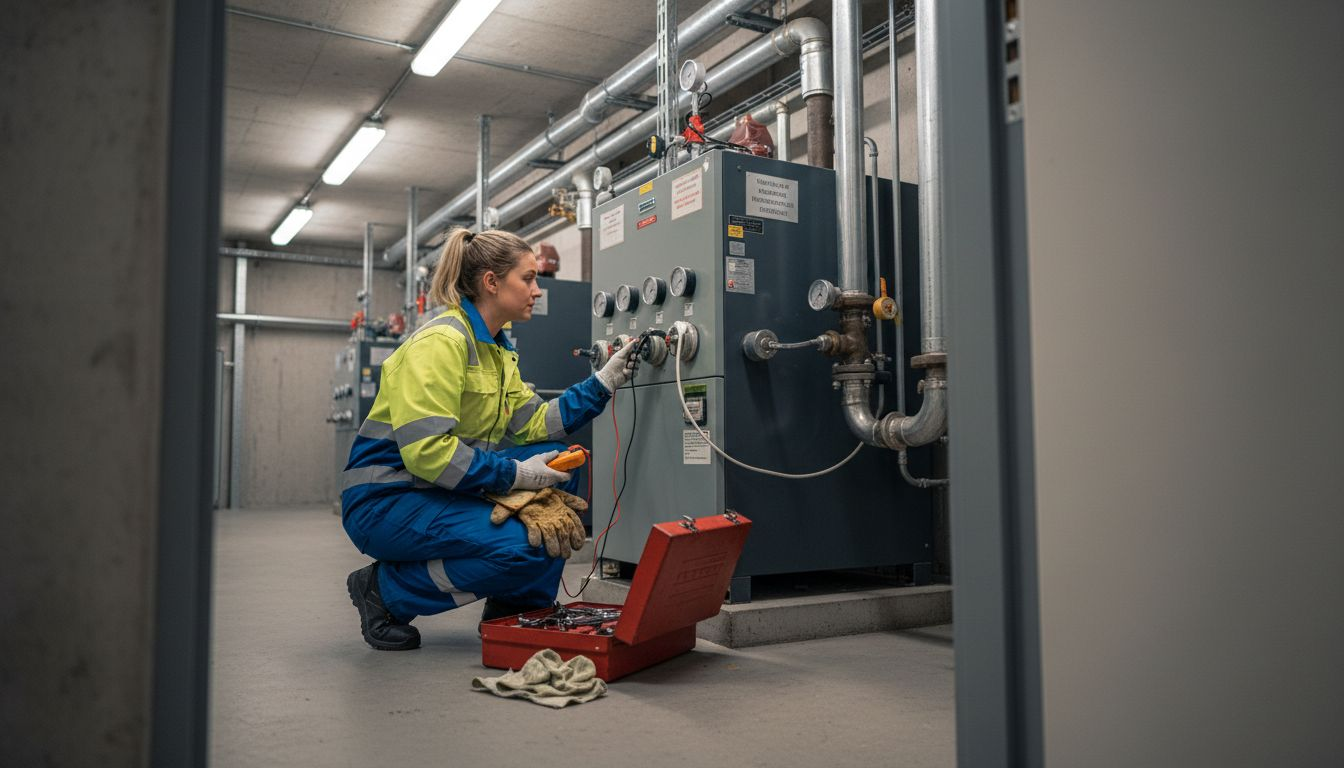 Een vrouw inspecteert de installatie in een bedrijfsruimte.