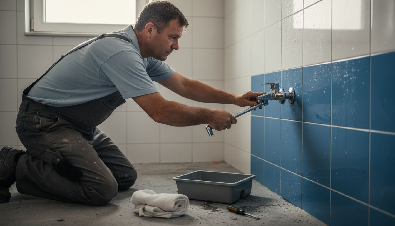 Een ervaren vakman plaatst een nieuwe kraan in de badkamer.