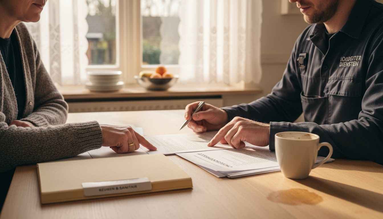 De huiseigenaar en de loodgieter nemen samen het contract door.
