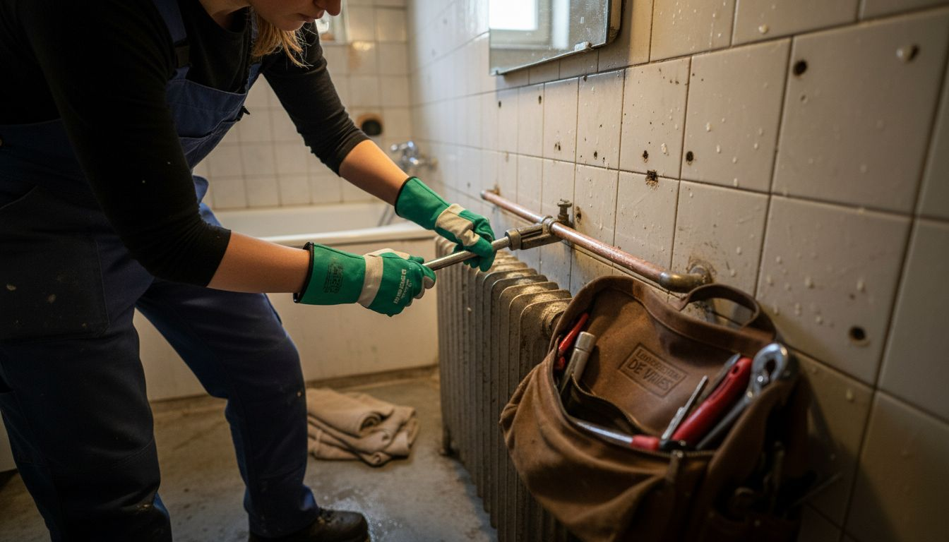 Een loodgieter legt nieuwe waterleidingen aan tegen de oude muur van de badkamer.