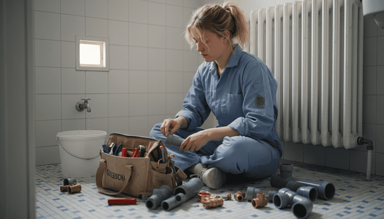 De installateur legt de sanitaire onderdelen netjes klaar in de badkamer.