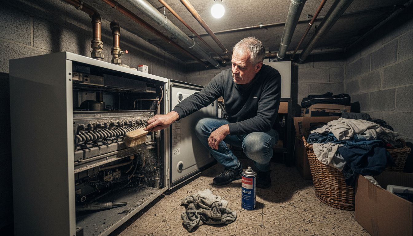 Een bewoner is bezig met het schoonmaken van de brander van de cv-ketel in de kelder.