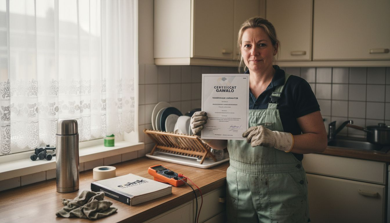 De loodgieter laat in de keuken zijn GAWALO-certificaat zien.