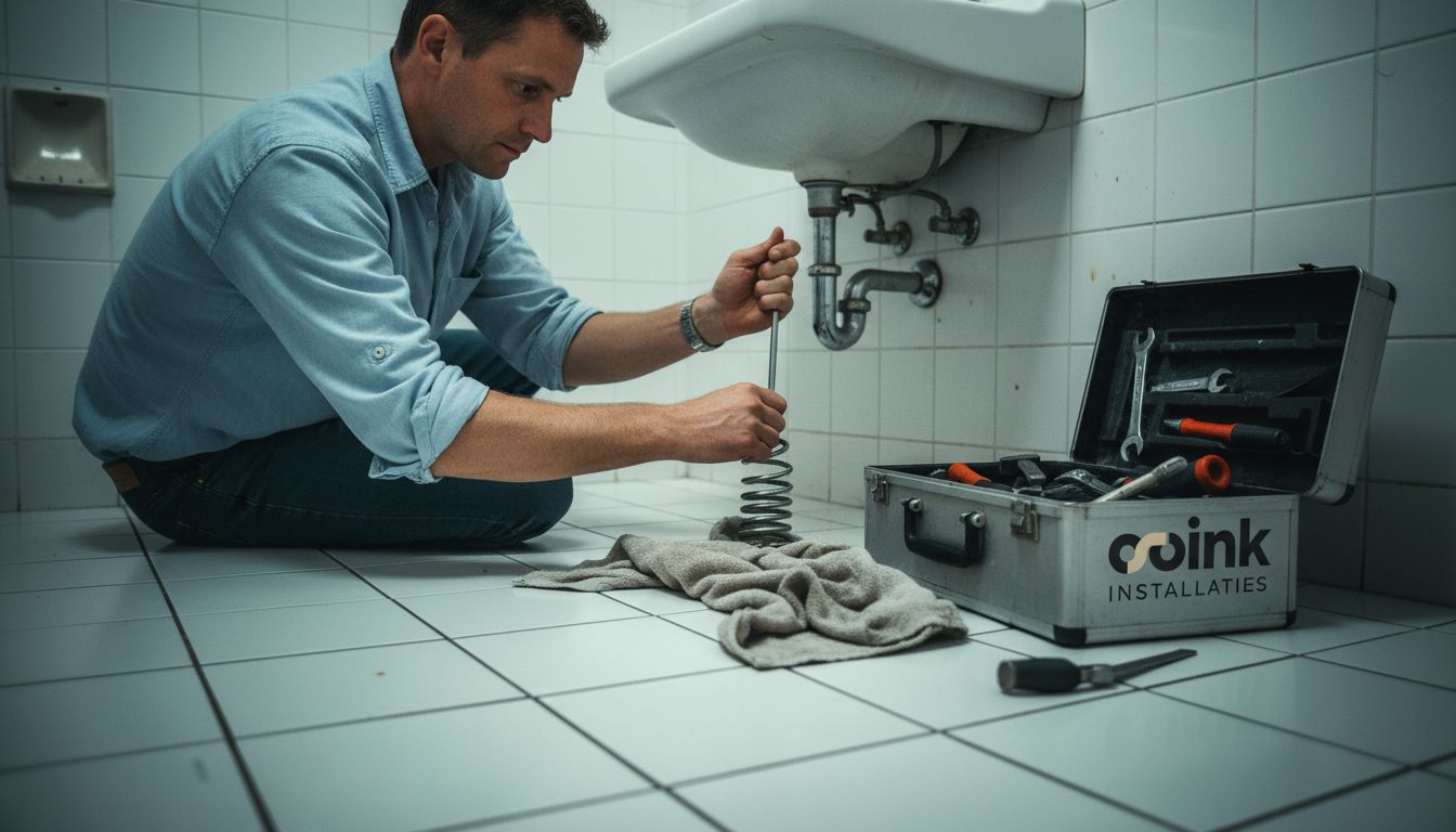 Een man is bezig met het ontstoppen van de wastafel met een ontstoppingsveer.