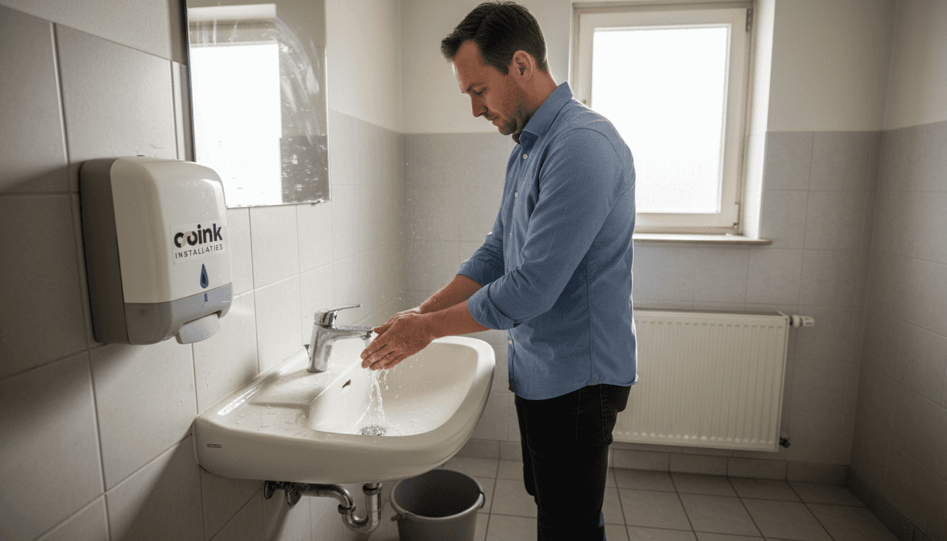 Een man wast zijn handen onder een automatische kraan in de badkamer.