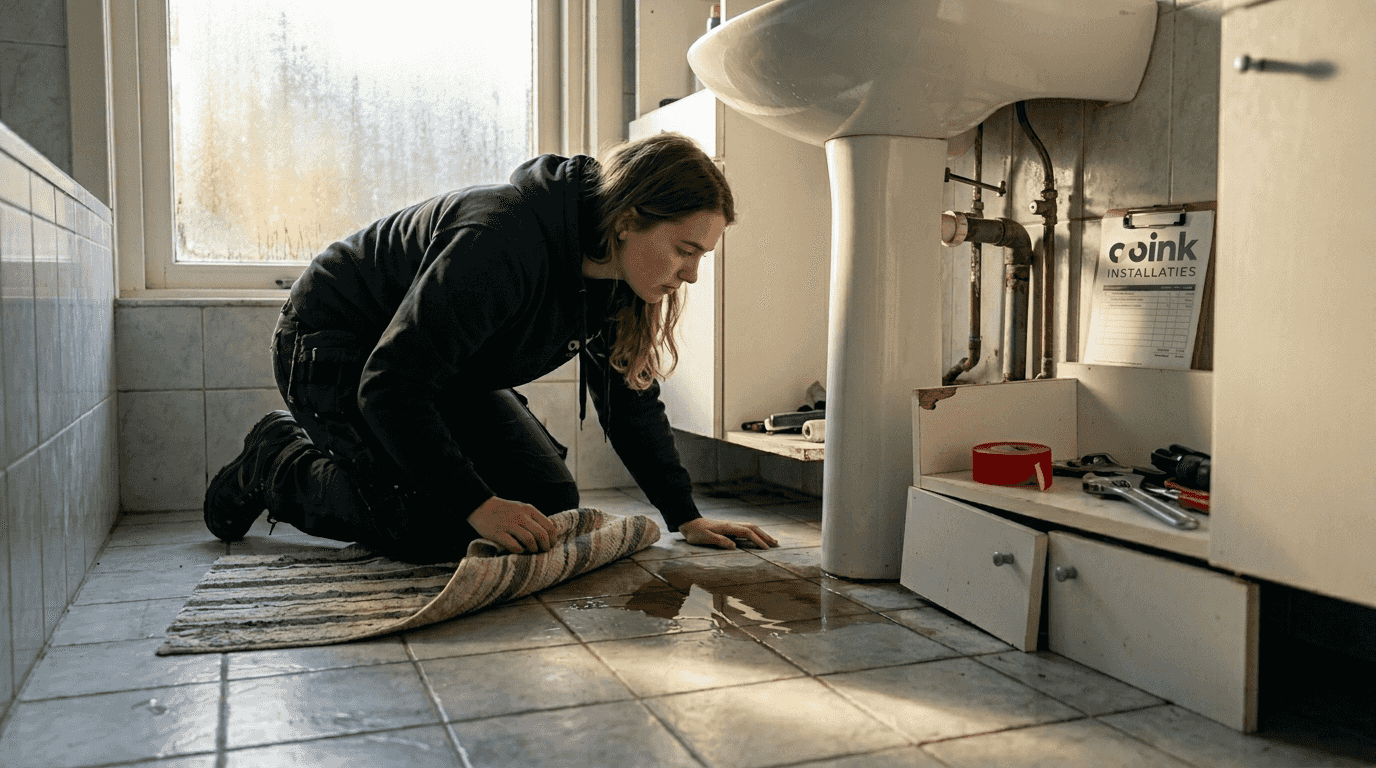 Een vrouw controleert of er een lekkage is bij de wastafel in de badkamer.