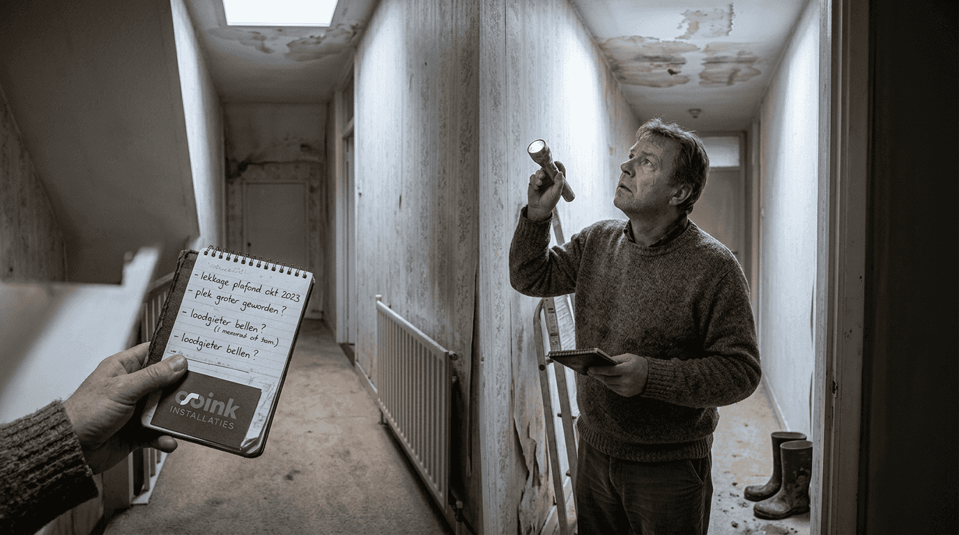 Een huiseigenaar bekijkt aandachtig het plafond om te controleren of er ergens lekkages zitten.