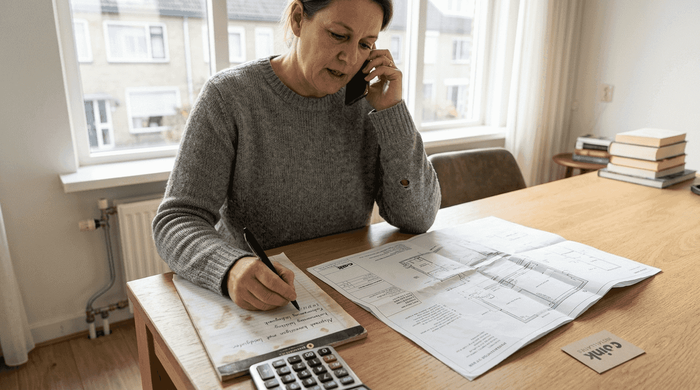 Een vrouw bespreekt samen met de loodgieter de werkzaamheden aan de keukentafel.