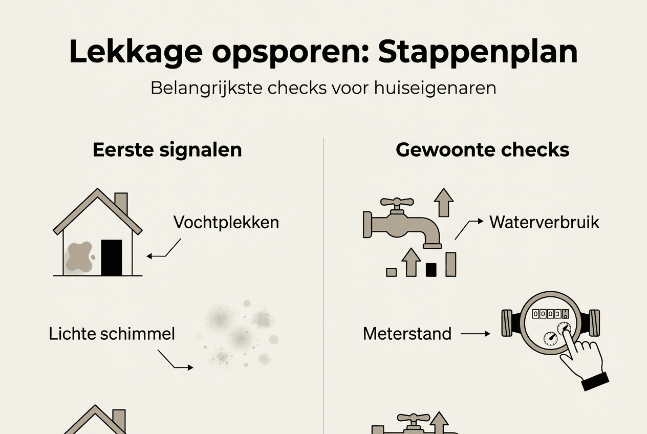 Infographic: Zo herken en vind je een lekkage – signalen en stappen op een rij