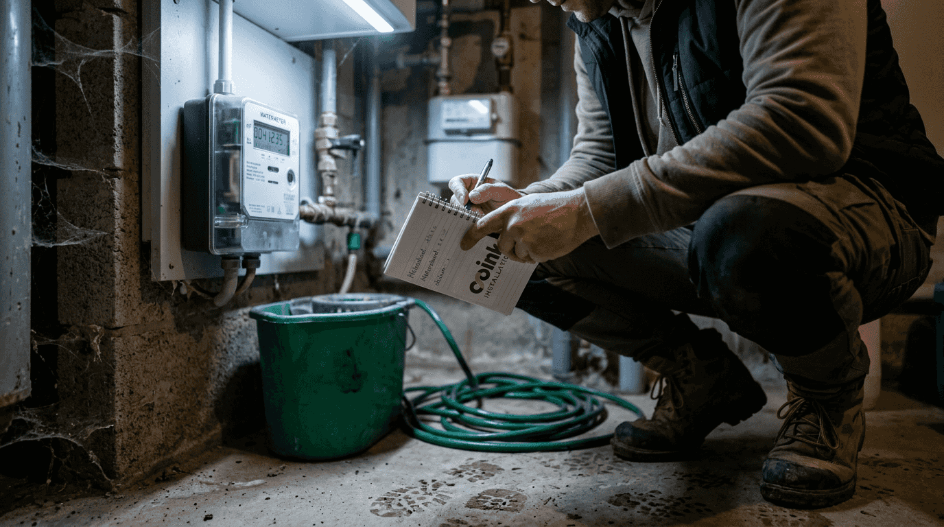 Een woningeigenaar kijkt de watermeter na om eventuele lekkages op te sporen.