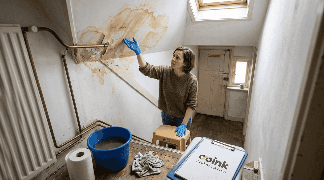 Vrouw inspecteert een vochtplek op het plafond