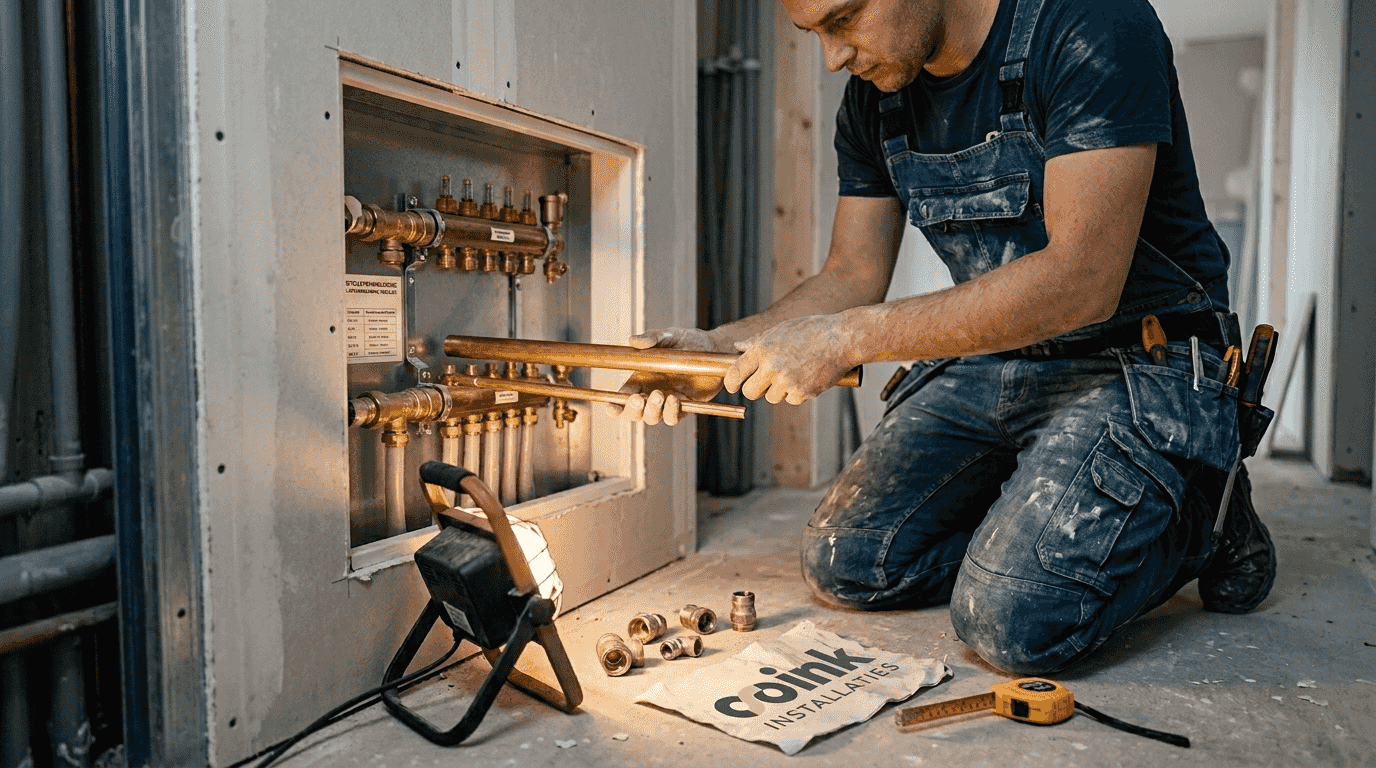 Een installateur bekijkt welke leidingdiameters het meest geschikt zijn voor vloerverwarming.