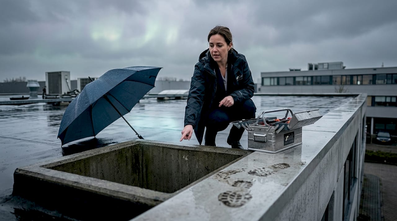 De manager loopt het dak op om te kijken of het regenwater goed wordt opgevangen en gebufferd.