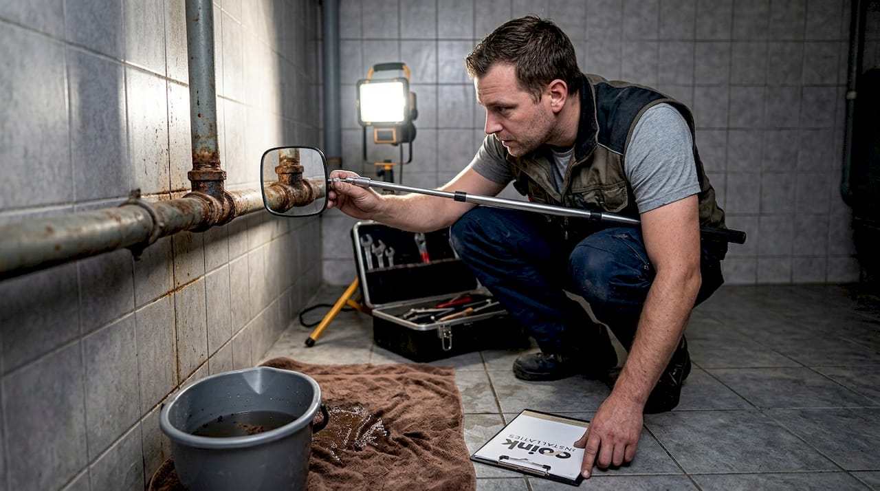 Een loodgieter bekijkt een oude leiding die lekt.