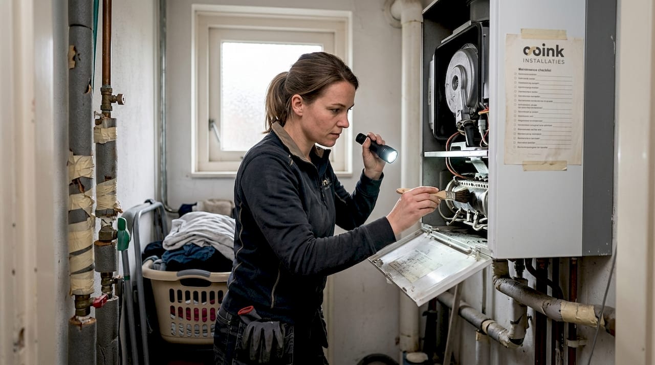 Een monteur voert onderhoud uit aan de cv-ketel in de technische ruimte.