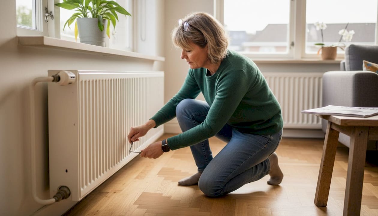 Een vrouw laat in de zonnige woonkamer de radiator ontluchten.