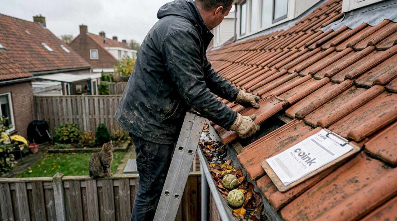 Iemand zet een dakpan weer op zijn plek op een hellend dak.