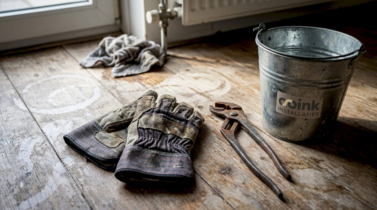 Bij de radiator liggen werkhandschoenen en gereedschap klaar.
