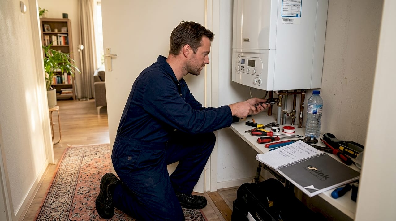 Een installateur voert een onderhoudsbeurt uit aan de cv-ketel bij iemand thuis.