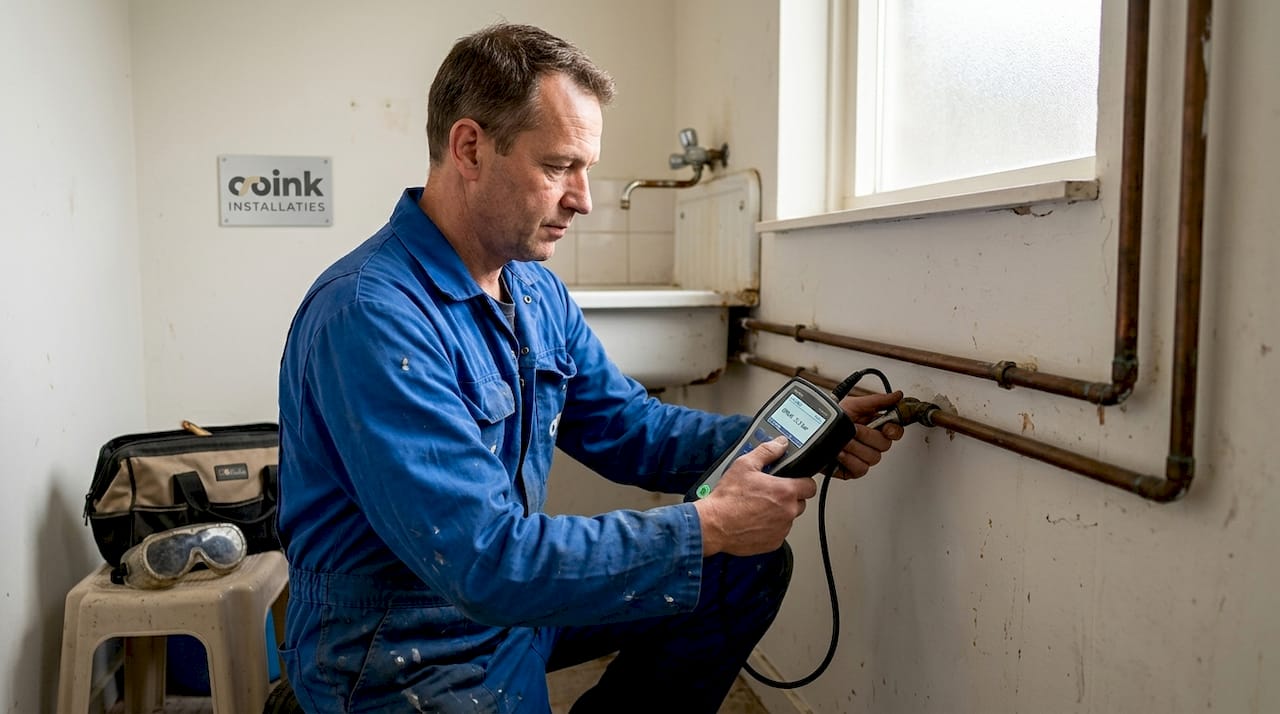 Een loodgieter controleert een loden leiding in het meterhok.