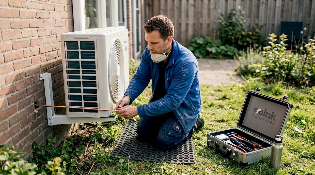 De installateur plaatst de warmtepomp buiten, naast het huis.