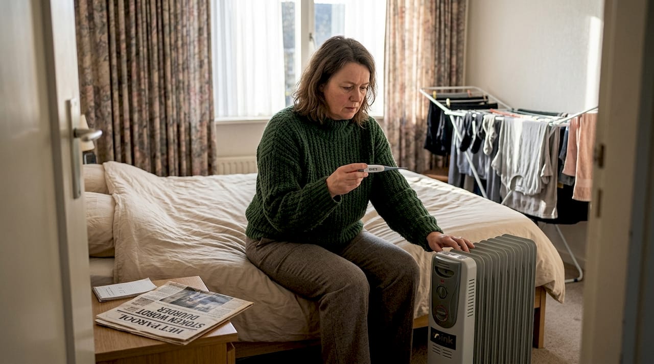 Vrouw bekijkt thermostaat tijdens verwarmingsstoring