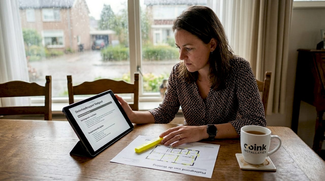 Een vastgoedbeheerder bekijkt het onderhoudsrapport van een woning zorgvuldig.