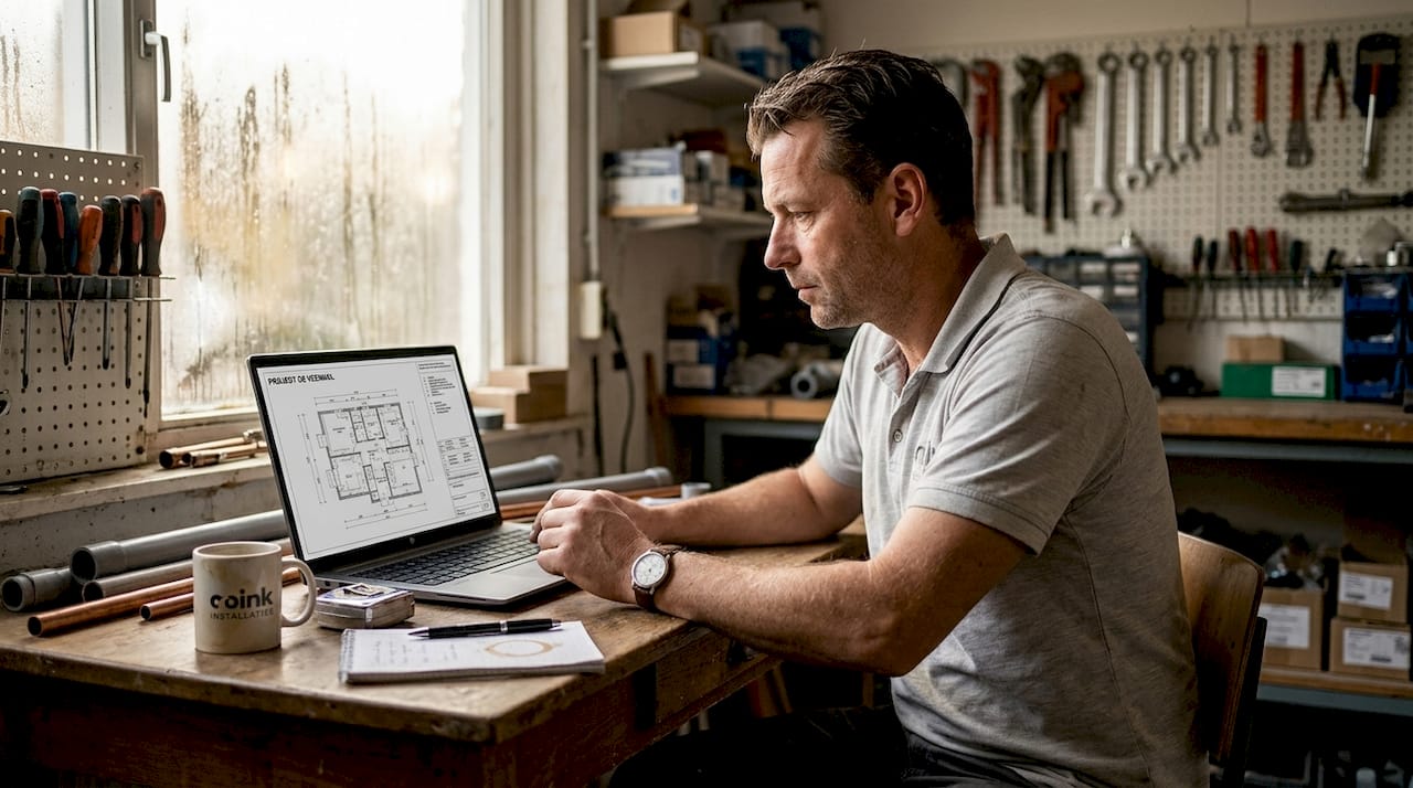 Een loodgieter bestudeert de bouwtekening op zijn laptop.