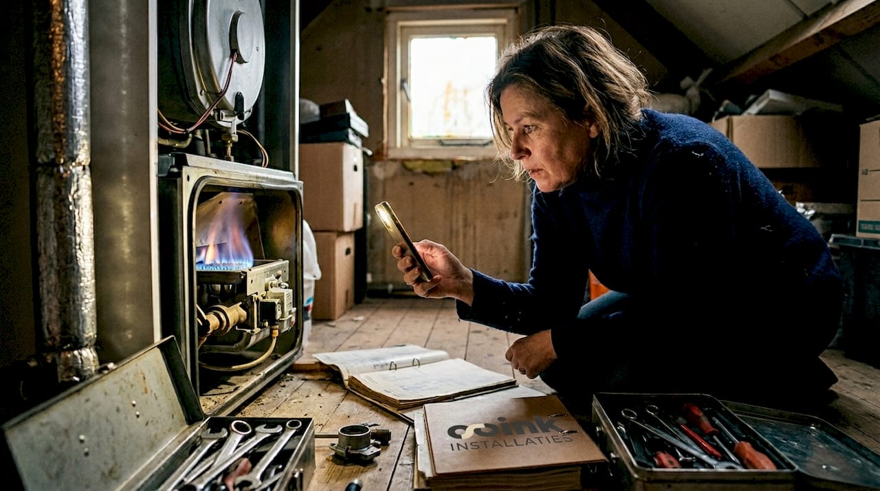 Een vrouw bekijkt aandachtig de blauwe vlam van haar cv-ketel om te controleren of alles goed werkt.