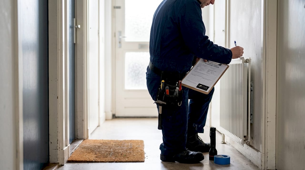 Een monteur controleert de verwarming in de hal van het appartement.