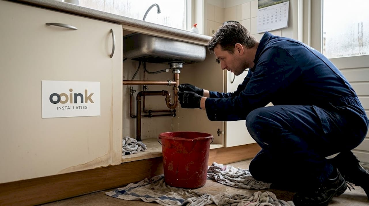 Een loodgieter bekijkt de waterleiding onder de gootsteen om te achterhalen waar het lek vandaan komt.
