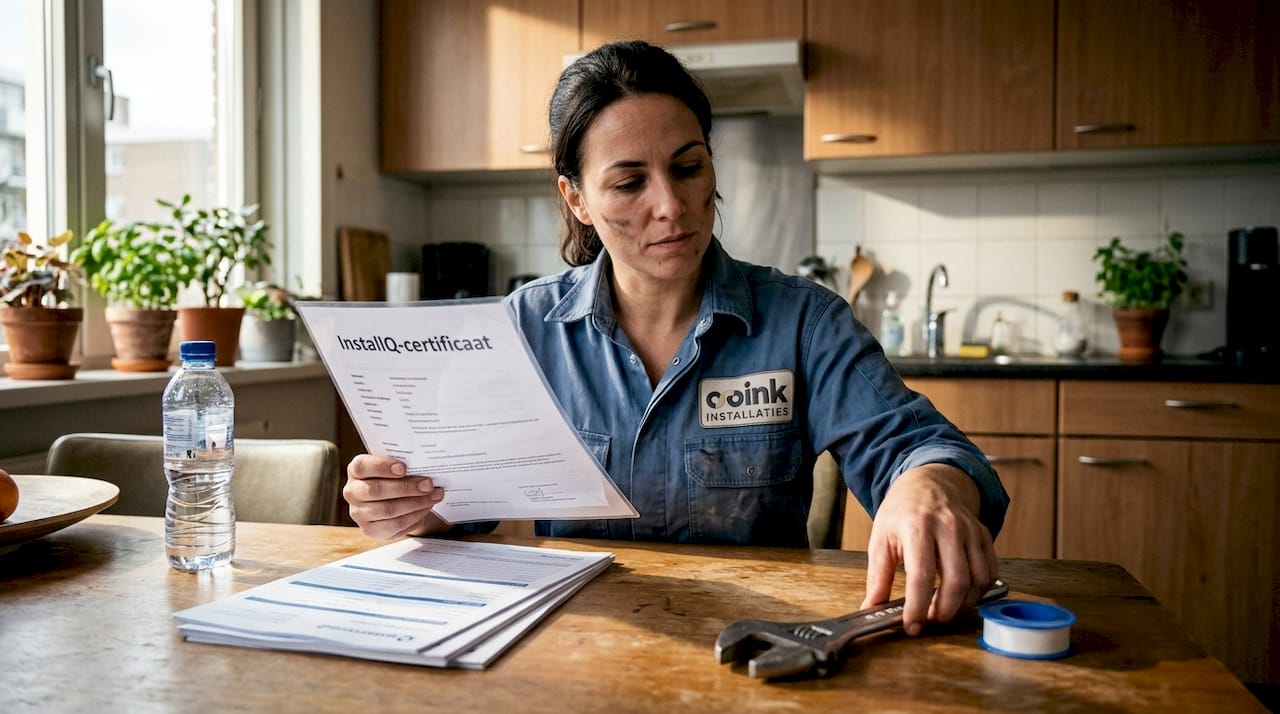 Een loodgieter zit aan tafel en bekijkt zijn InstallQ-certificaat.