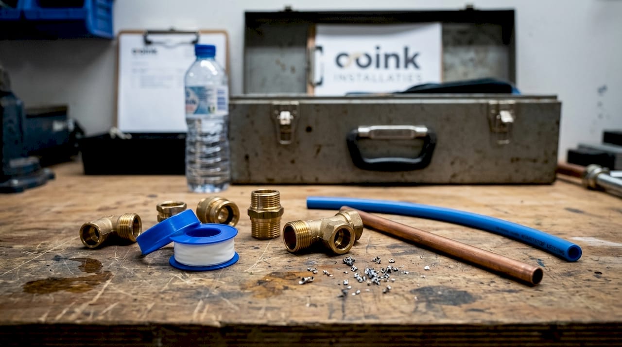 Werkbank met alle benodigde waterleidingmaterialen en gereedschap binnen handbereik
