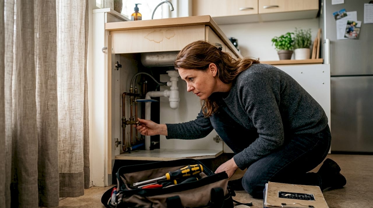 Een woningeigenaar inspecteert de waterleidingen op eventuele lekkages.