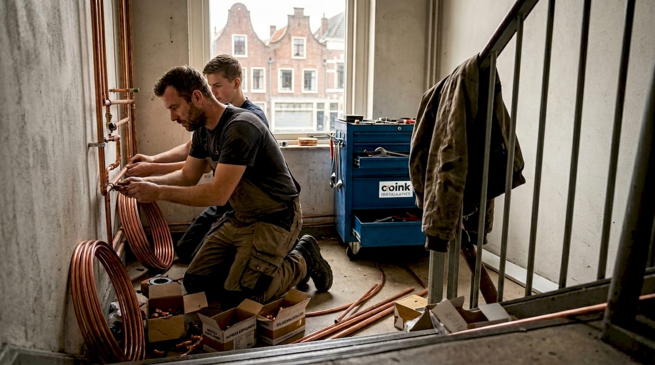 Loodgieters zijn bezig met onderhoud aan de waterleidingen in een flatgebouw in Zwolle.