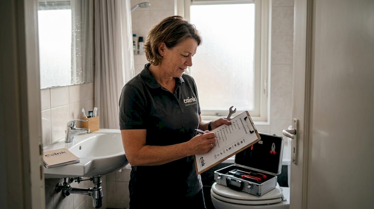 Iemand loopt de checklist voor het onderhoud van de badkamer na.