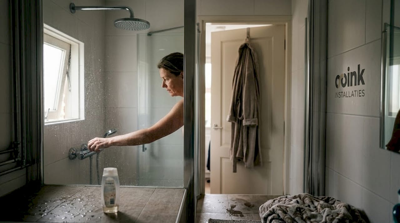 Een vrouw neemt een douche met een waterbesparende douchekop