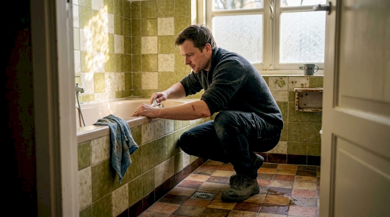 Een loodgieter inspecteert de oude leidingen in een karakteristieke badkamer.