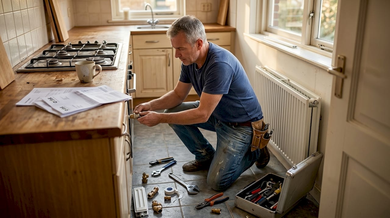 Een huiseigenaar plaatst een modulaire radiator in de keuken.