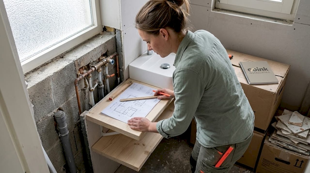 De woningeigenaar bekijkt de voortgang van de badkamerrenovatie.