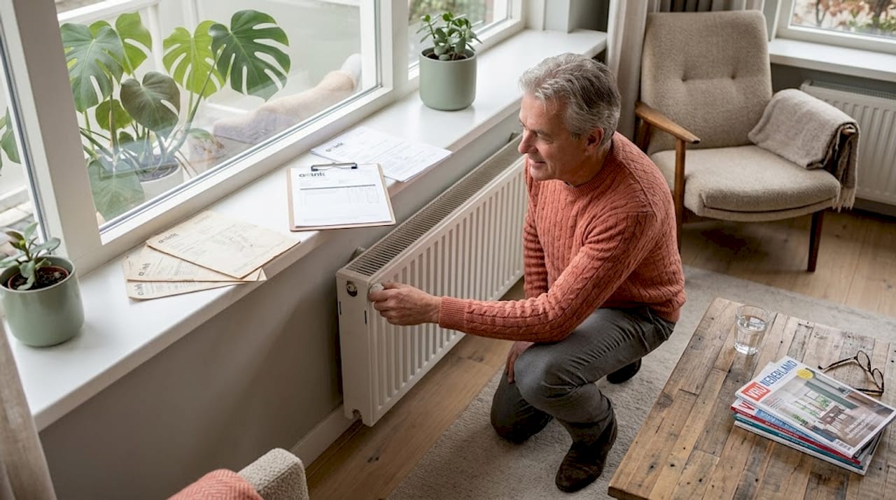 Man controleert radiator na onderhoudswerkzaamheden in huis