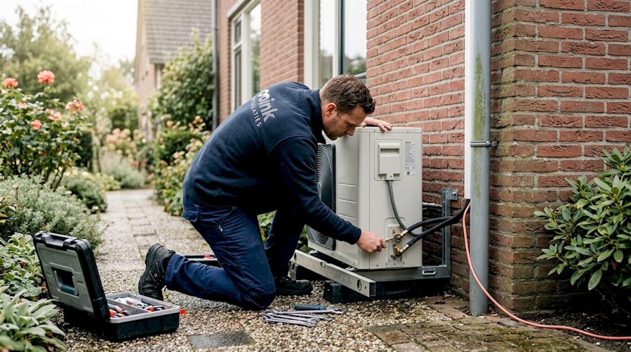 Een monteur komt langs om een warmtepomp bij een woning te installeren.