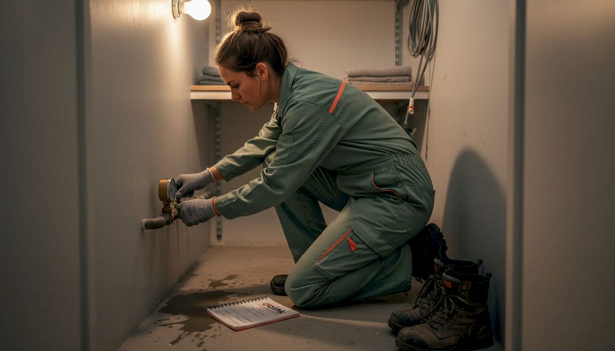 Een monteur controleert de waterdruk in de leiding.