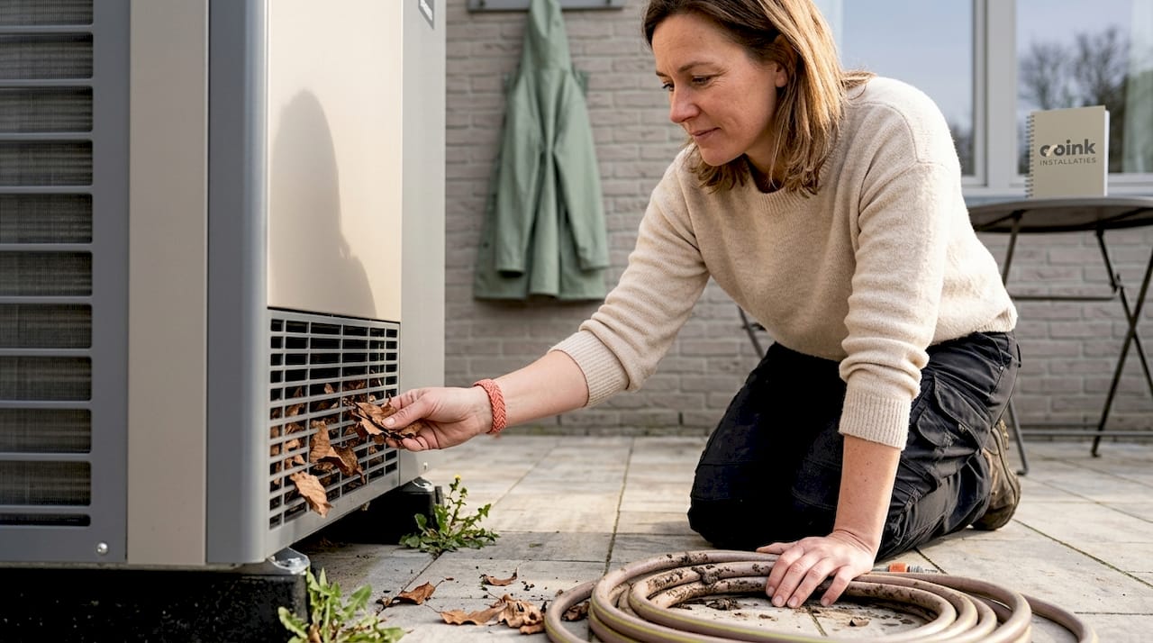 Een vrouw is bezig met het schoonmaken van de buitenunit van haar warmtepomp.