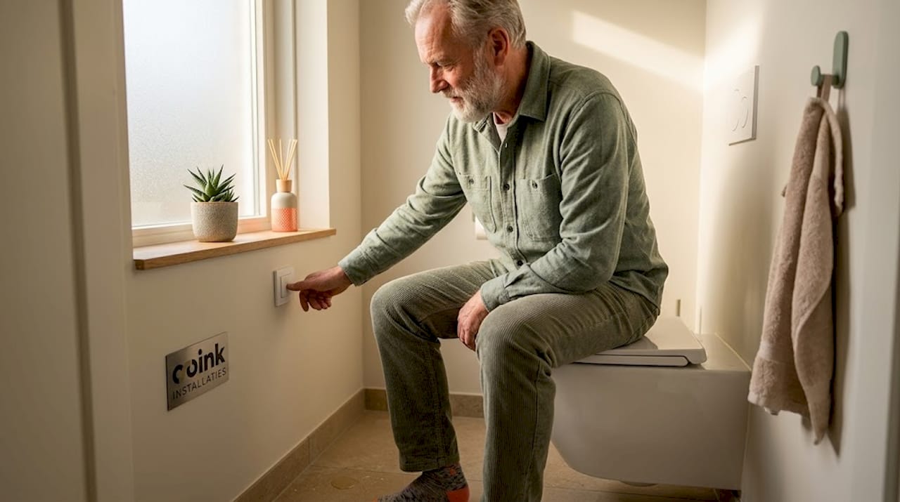 Man gebruikt smart bidet in een moderne, nette toiletruimte
