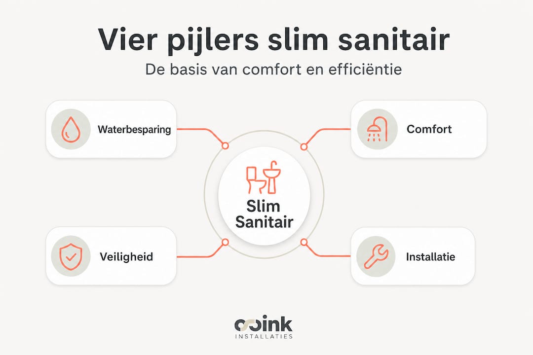In deze infographic worden de vier belangrijkste bouwstenen van slim sanitair in beeld gebracht.